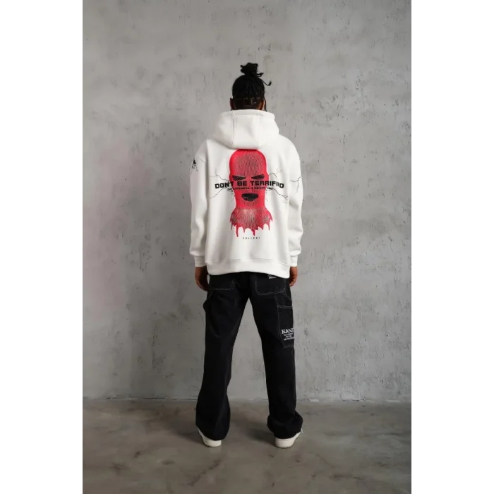 Erkek 3 İplik Pamuklu Kapüşonlu Baskılı Cepli Oversize Sweatshirt Hoodie - Beyaz