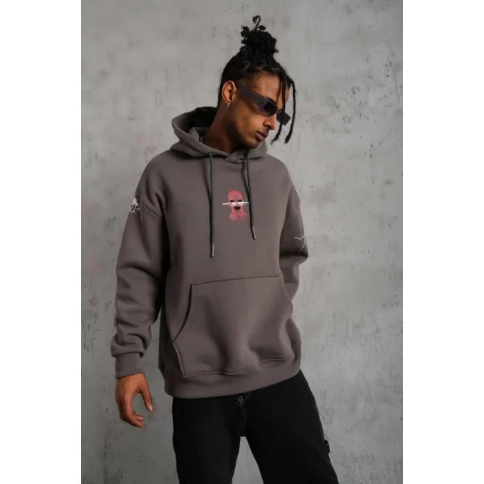 Erkek 3 İplik Pamuklu Kapüşonlu Baskılı Cepli Oversize Sweatshirt Hoodie - Gri