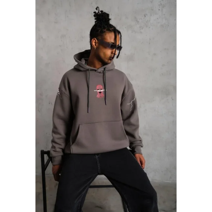 Erkek 3 İplik Pamuklu Kapüşonlu Baskılı Cepli Oversize Sweatshirt Hoodie - Gri