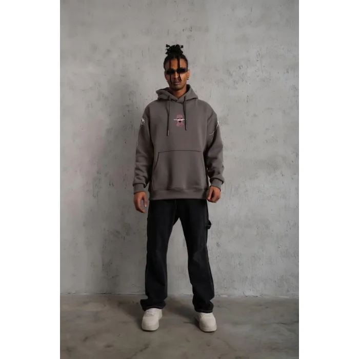 Erkek 3 İplik Pamuklu Kapüşonlu Baskılı Cepli Oversize Sweatshirt Hoodie - Gri