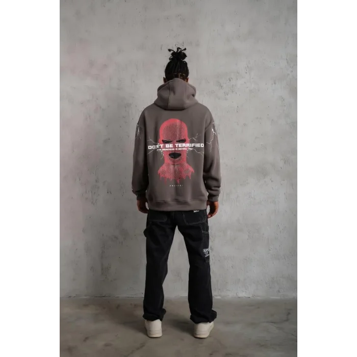 Erkek 3 İplik Pamuklu Kapüşonlu Baskılı Cepli Oversize Sweatshirt Hoodie - Gri