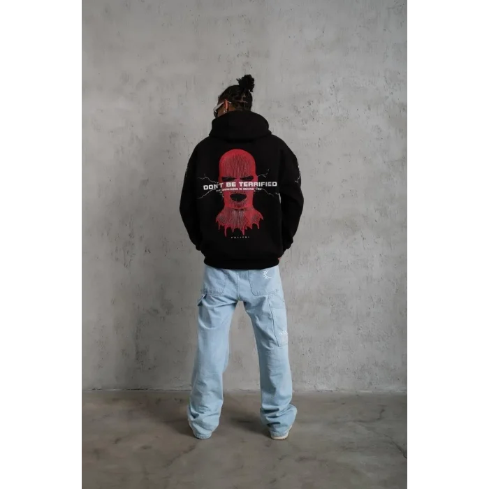 Erkek 3 İplik Pamuklu Kapüşonlu Baskılı Cepli Oversize Sweatshirt Hoodie - Siyah