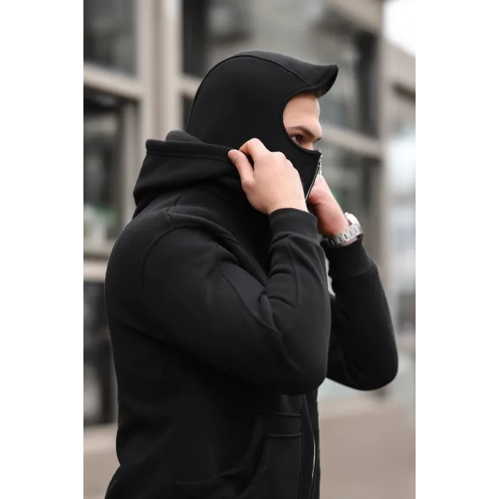 Erkek 3 İplik Şardonlu Maskeli Ninja Model Çift Kapüşonlu  Fermuarlı 4 cepli Sweatshirt- Siyah