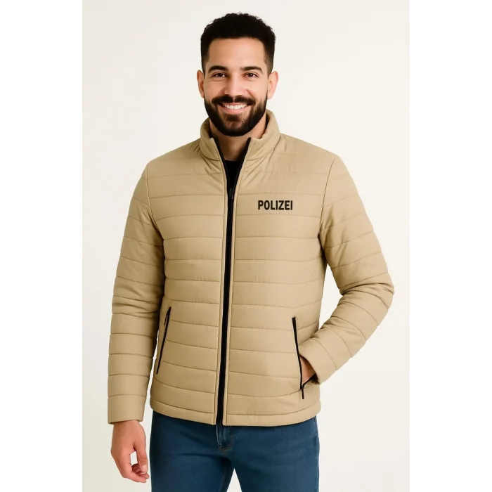 Erkek Mikro Su İtici Kapitone Baskılı Astarlı Fermuarlı Bomber Mont - Bej