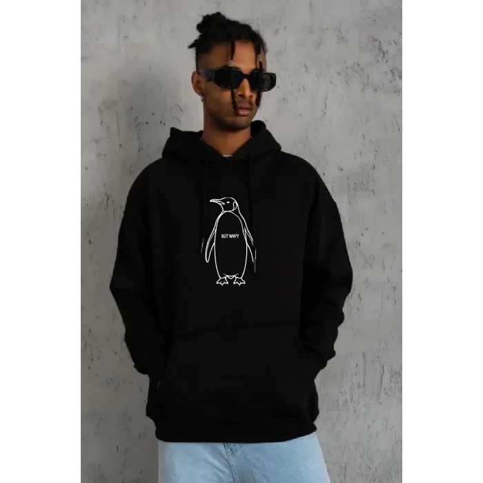 Erkek Nihilist Penguen Baskılı 3 İplik Pamuklu Kapüşonlu Sweatshirt Hoodie Siyah
