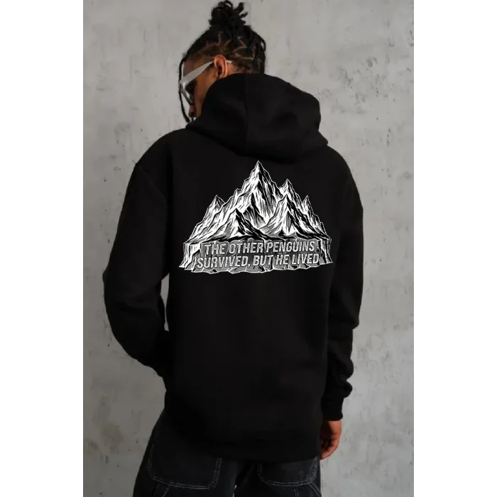 Erkek Nihilist Penguen Baskılı 3 İplik Pamuklu Kapüşonlu Sweatshirt Hoodie Siyah