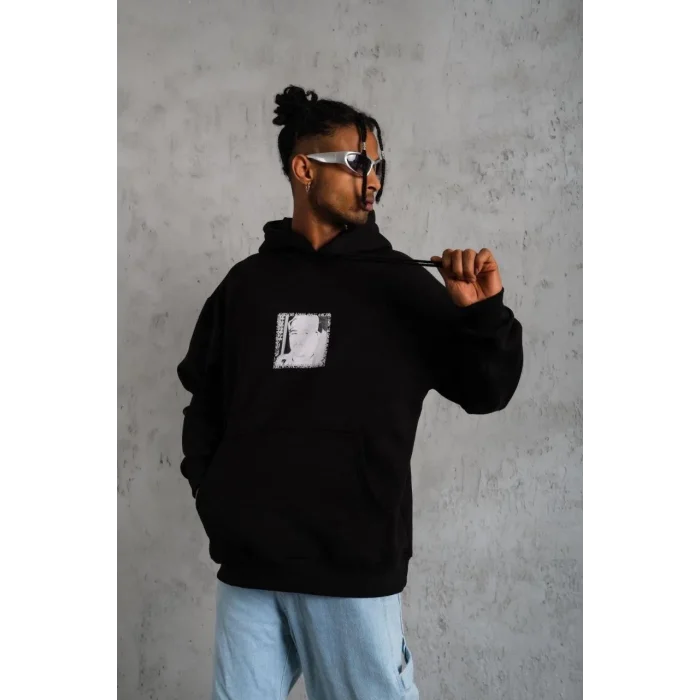 Erkek 3 İplik Pamuklu Kapüşonlu Baskılı Cepli Oversize Sweatshirt Hoodie - Siyah
