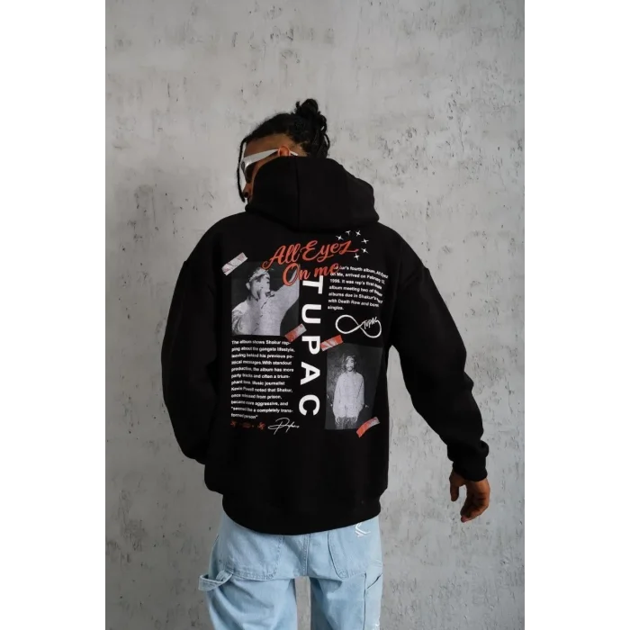 Erkek 3 İplik Pamuklu Kapüşonlu Baskılı Cepli Oversize Sweatshirt Hoodie - Siyah