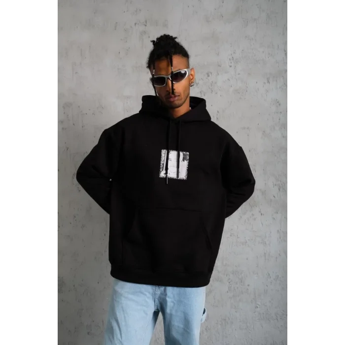 Erkek 3 İplik Pamuklu Kapüşonlu Baskılı Cepli Oversize Sweatshirt Hoodie - Siyah