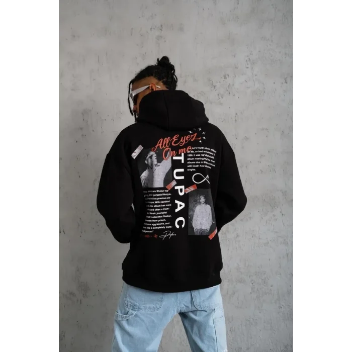 Erkek 3 İplik Pamuklu Kapüşonlu Baskılı Cepli Oversize Sweatshirt Hoodie - Siyah