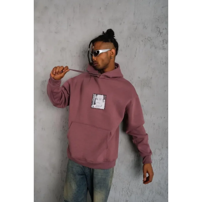 Erkek 3 İplik Pamuklu Kapüşonlu Baskılı Cepli Sweatshirt Hoodie - Gül Kurusu