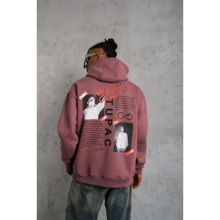 Erkek 3 İplik Pamuklu Kapüşonlu Baskılı Cepli Sweatshirt Hoodie - Gül Kurusu