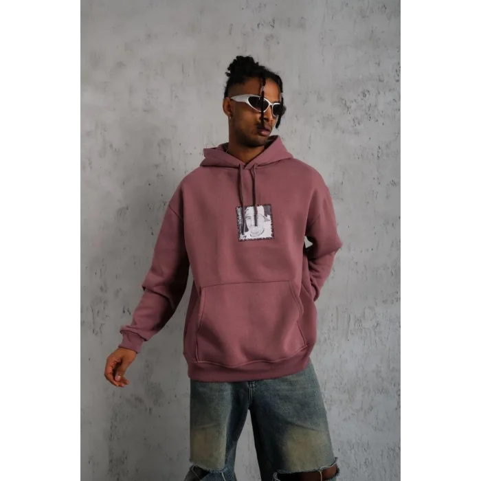 Erkek 3 İplik Pamuklu Kapüşonlu Baskılı Cepli Sweatshirt Hoodie - Gül Kurusu