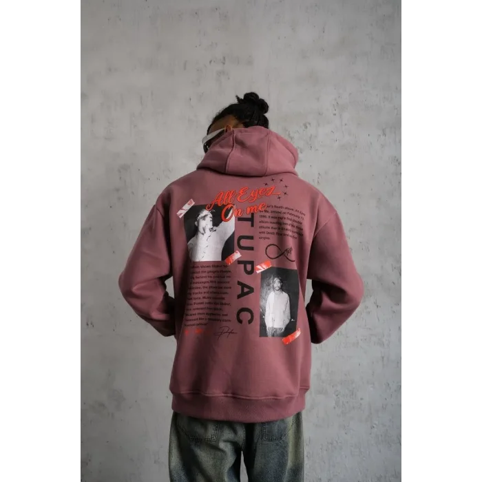 Erkek 3 İplik Pamuklu Kapüşonlu Baskılı Cepli Sweatshirt Hoodie - Gül Kurusu