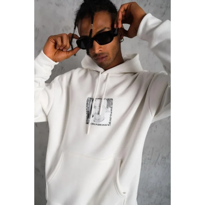 Erkek 3 İplik Pamuklu Kapüşonlu Baskılı Cepli Oversize Sweatshirt Hoodie - Beyaz