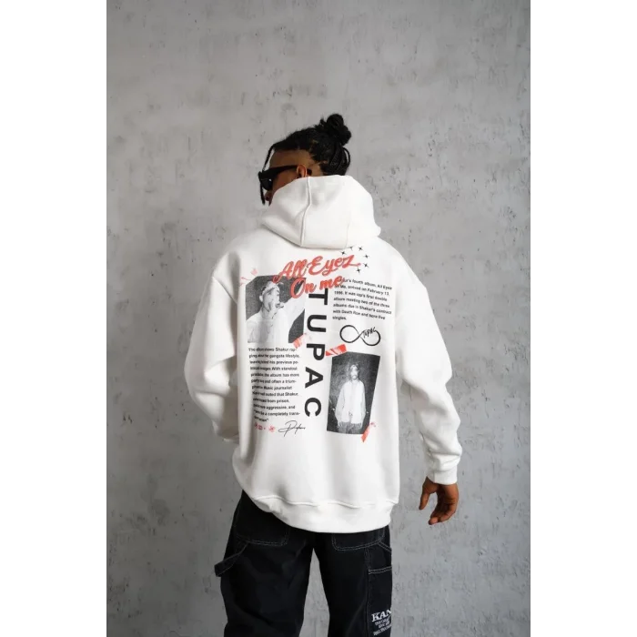 Erkek 3 İplik Pamuklu Kapüşonlu Baskılı Cepli Oversize Sweatshirt Hoodie - Beyaz