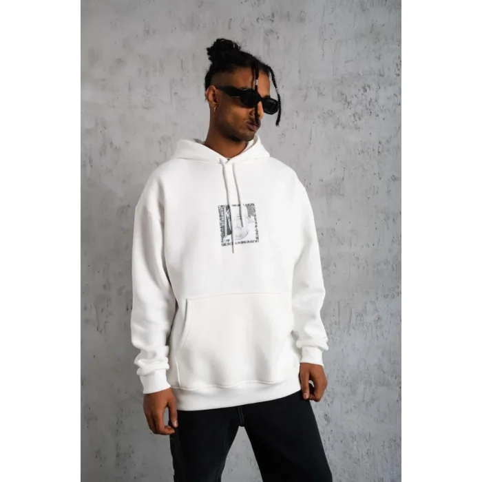 Erkek 3 İplik Pamuklu Kapüşonlu Baskılı Cepli Oversize Sweatshirt Hoodie - Beyaz