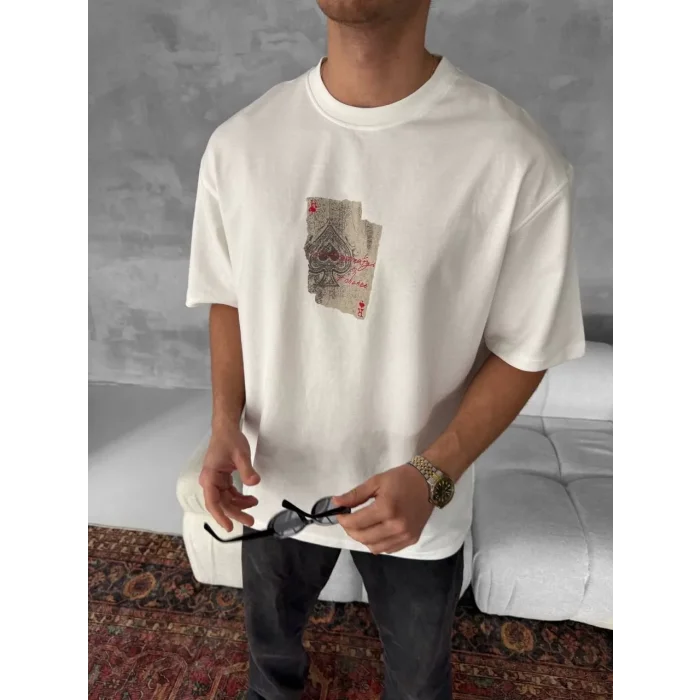 ERKEK Tişört Kısa kol Ön ve Arka Baskılı Oversize Bisiklet Yaka T-Shirt - Beyaz