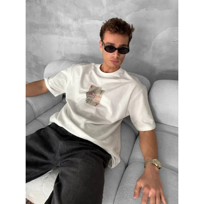 ERKEK Tişört Kısa kol Ön ve Arka Baskılı Oversize Bisiklet Yaka T-Shirt - Beyaz
