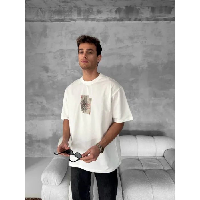 ERKEK Tişört Kısa kol Ön ve Arka Baskılı Oversize Bisiklet Yaka T-Shirt - Beyaz