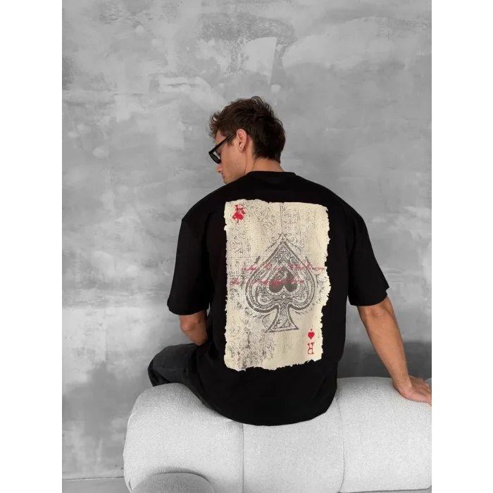 ERKEK Tişört Kısa Kol Ön ve Arka Baskılı Oversize Bisiklet Yaka T-shirt - Siyah