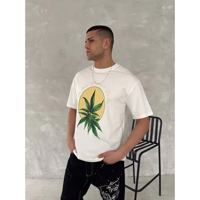 Erkek Kısa Kol Yazlık Tişört Bisiklet Yaka Baskılı Oversize T-Shirt - Beyaz