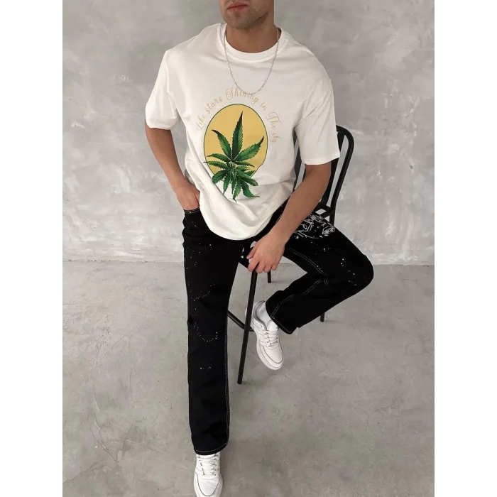 Erkek Kısa Kol Yazlık Tişört Bisiklet Yaka Baskılı Oversize T-Shirt - Beyaz