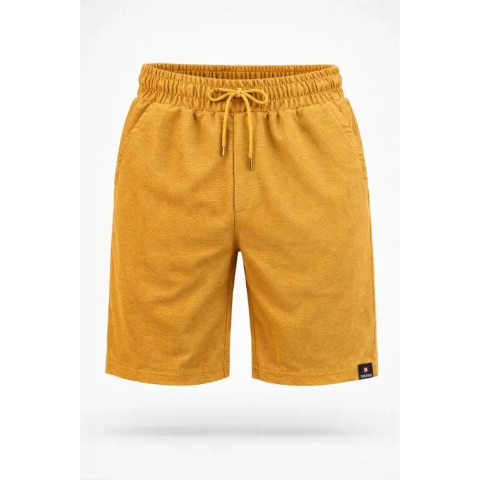 Erkek otoban Dokuma Şort Beli Lastikli Bağcıklı, Cepli, Rahat Kesim Günlük Yazlık Şort - Hardal