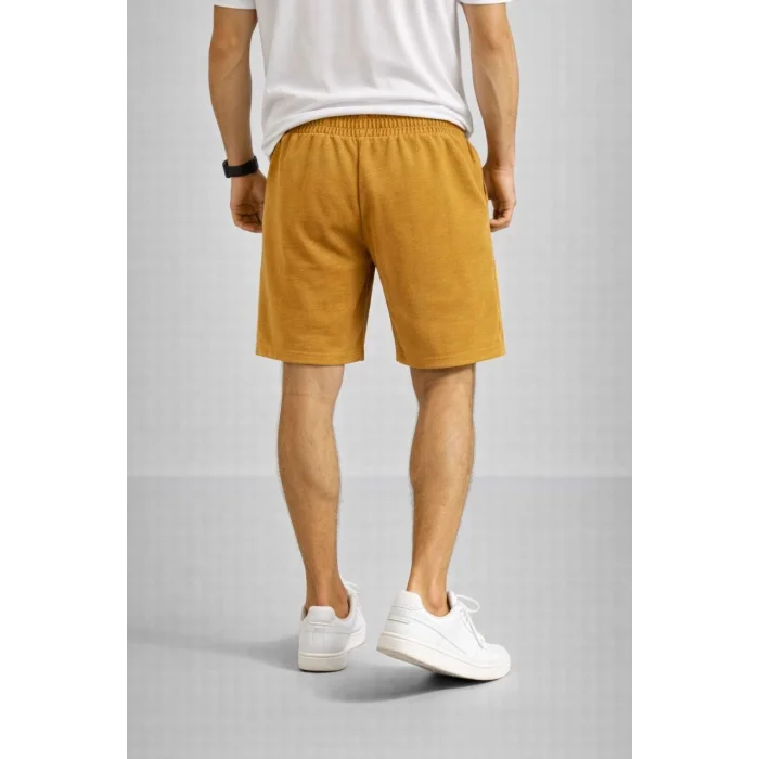Erkek otoban Dokuma Şort Beli Lastikli Bağcıklı, Cepli, Rahat Kesim Günlük Yazlık Şort - Hardal