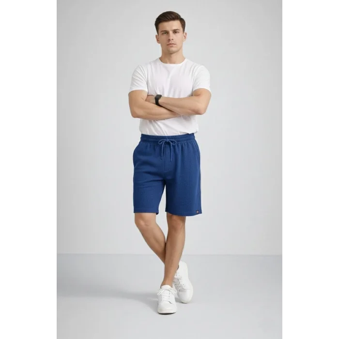 Erkek otoban Dokuma Şort Beli Lastikli Bağcıklı, Cepli, Rahat Kesim Günlük Yazlık Şort - İndigo