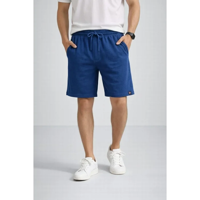 Erkek otoban Dokuma Şort Beli Lastikli Bağcıklı, Cepli, Rahat Kesim Günlük Yazlık Şort - İndigo