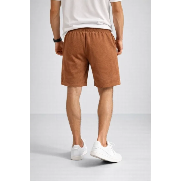 Erkek otoban Dokuma Şort Beli Lastikli Bağcıklı, Cepli, Rahat Kesim Günlük Yazlık Şort - Kahverengi