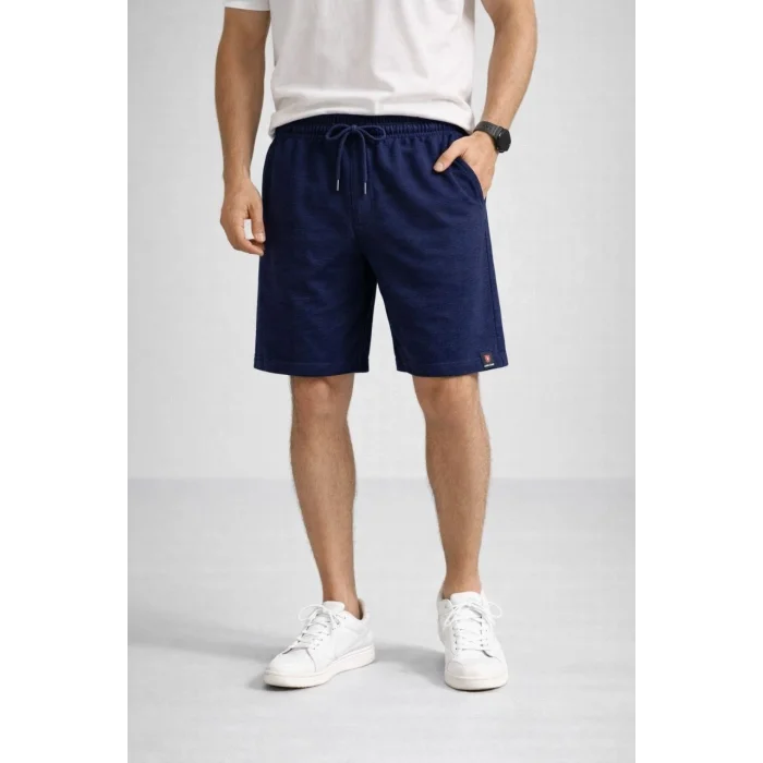 Erkek otoban Dokuma Şort Beli Lastikli Bağcıklı, Cepli, Rahat Kesim Günlük Yazlık Şort - Lacivert