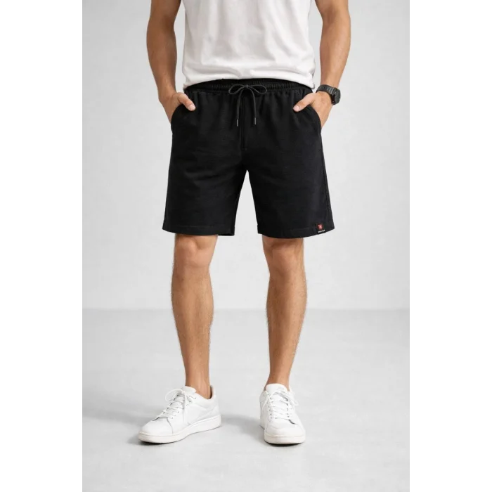 Erkek otoban Dokuma Şort Beli Lastikli Bağcıklı, Cepli, Rahat Kesim Günlük Yazlık Şort - Siyah