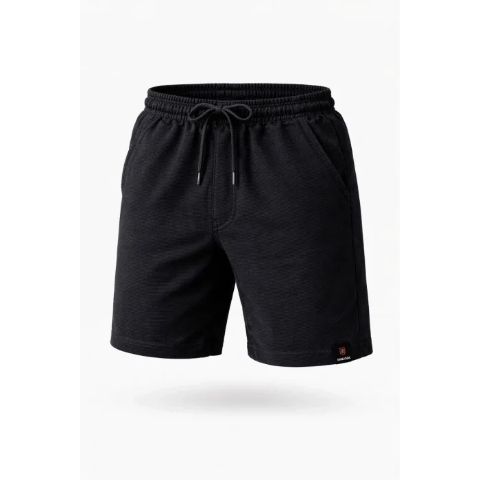 Erkek otoban Dokuma Şort Beli Lastikli Bağcıklı, Cepli, Rahat Kesim Günlük Yazlık Şort - Siyah