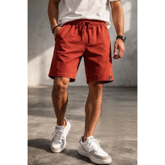 Erkek otoban Dokuma Şort Beli Lastikli Bağcıklı, Cepli, Rahat Kesim Günlük Yazlık Şort - Turuncu