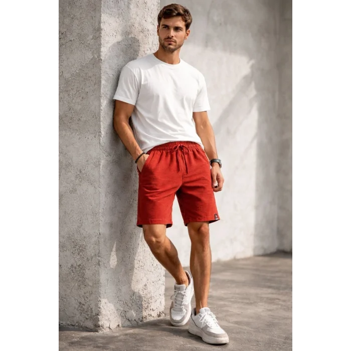 Erkek otoban Dokuma Şort Beli Lastikli Bağcıklı, Cepli, Rahat Kesim Günlük Yazlık Şort - Turuncu