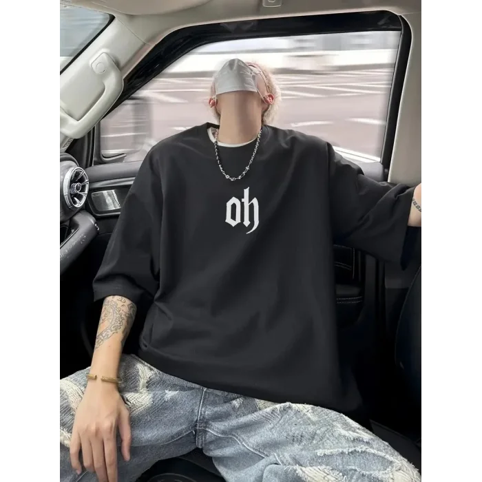 Erkek Kısa Kol Yazlık Tişört Bisiklet Yaka Baskılı Oversize T-Shirt - Siyah