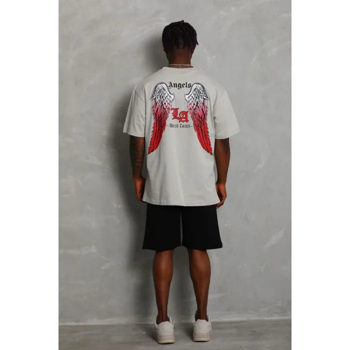 Erkek Baskılı Tişört Kısa Kol Bisiklet Yaka Oversize T-Shirt - Gri