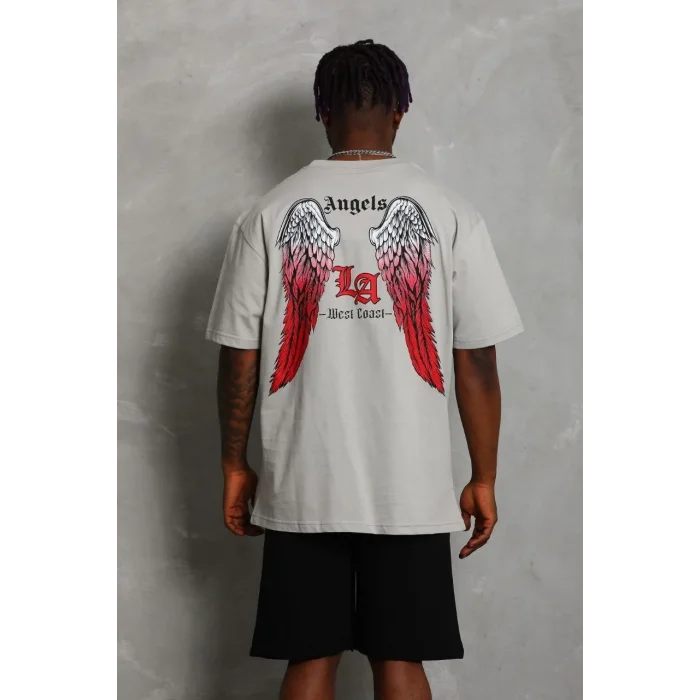 Erkek Baskılı Tişört Kısa Kol Bisiklet Yaka Oversize T-Shirt - Gri