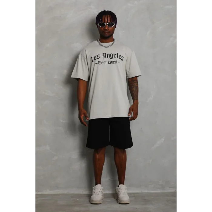 Erkek Baskılı Tişört Kısa Kol Bisiklet Yaka Oversize T-Shirt - Gri