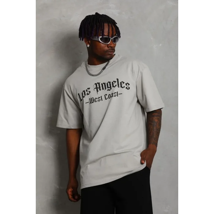 Erkek Baskılı Tişört Kısa Kol Bisiklet Yaka Oversize T-Shirt - Gri