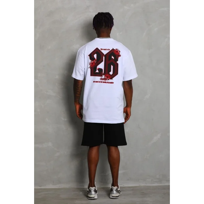 Erkek Oversize Baskılı Bisiklet Yaka T-Shirt - Beyaz