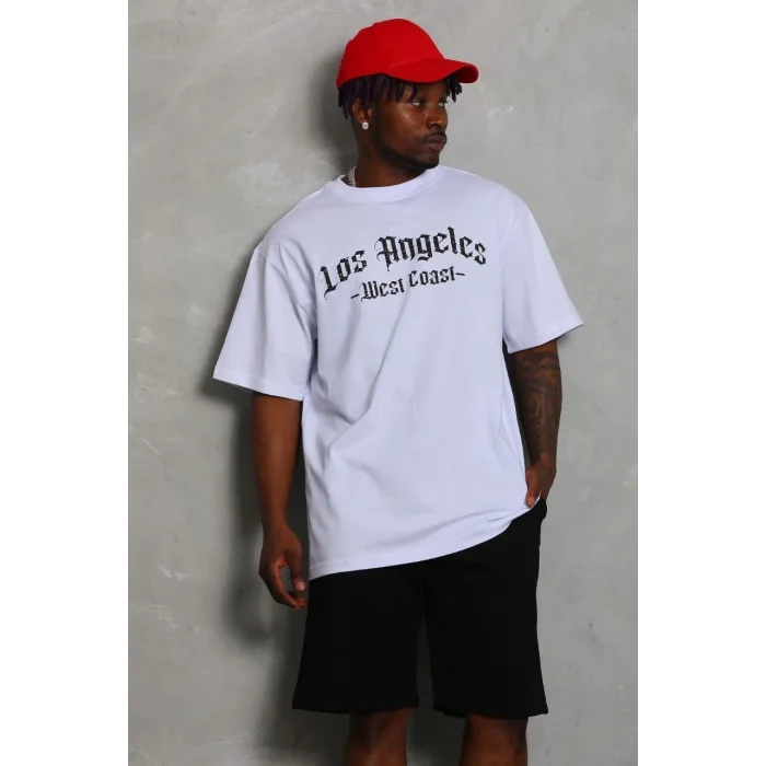 Erkek Kısa Kol Tişört Bisiklet Yaka KANAT Baskılı Oversize T-Shirt - Beyaz