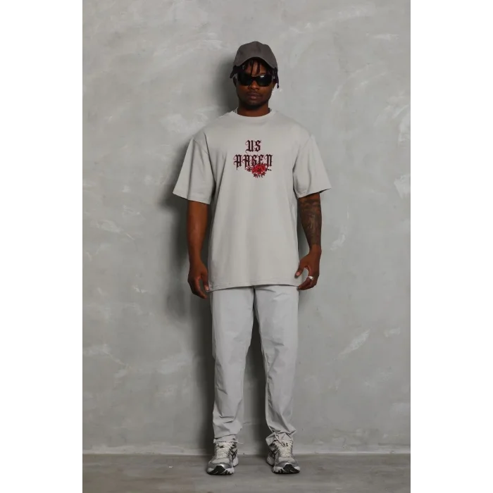 Erkek Kısa Kol Yazlık Tişört Bisiklet Yaka Baskılı Oversize T-Shirt - Gri