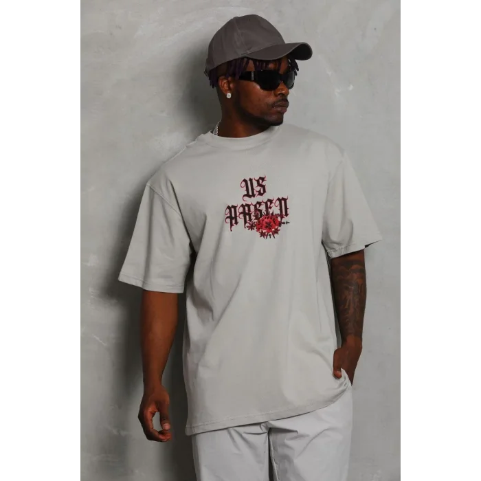 Erkek Kısa Kol Yazlık Tişört Bisiklet Yaka Baskılı Oversize T-Shirt - Gri