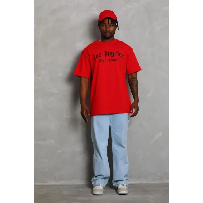 Erkek Baskılı Tişört Kısa Kol Bisiklet Yaka Oversize T-Shirt - Kırmızı