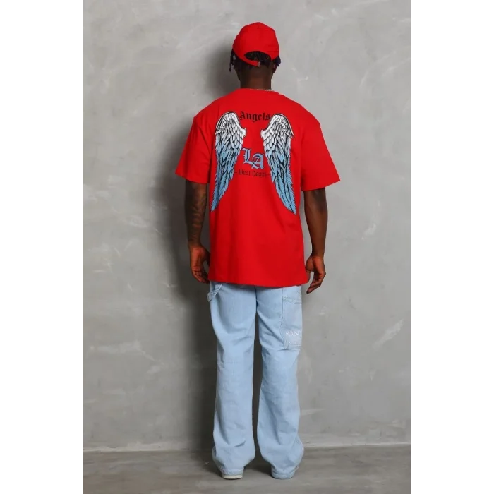 Erkek Baskılı Tişört Kısa Kol Bisiklet Yaka Oversize T-Shirt - Kırmızı