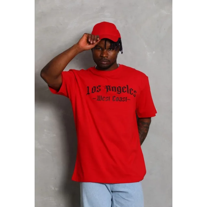 Erkek Baskılı Tişört Kısa Kol Bisiklet Yaka Oversize T-Shirt - Kırmızı