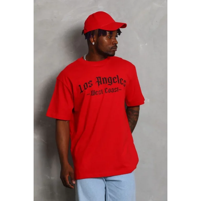 Erkek Baskılı Tişört Kısa Kol Bisiklet Yaka Oversize T-Shirt - Kırmızı